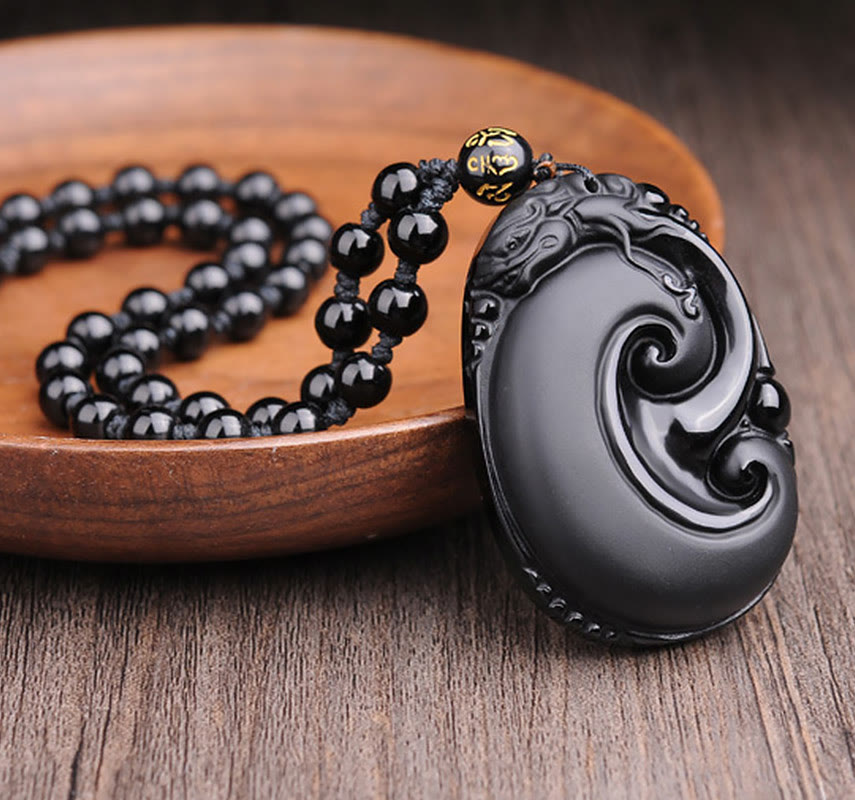 Collier pendentif en obsidienne noire naturelle PiXiu à motif ovale et pierre de Bouddha 