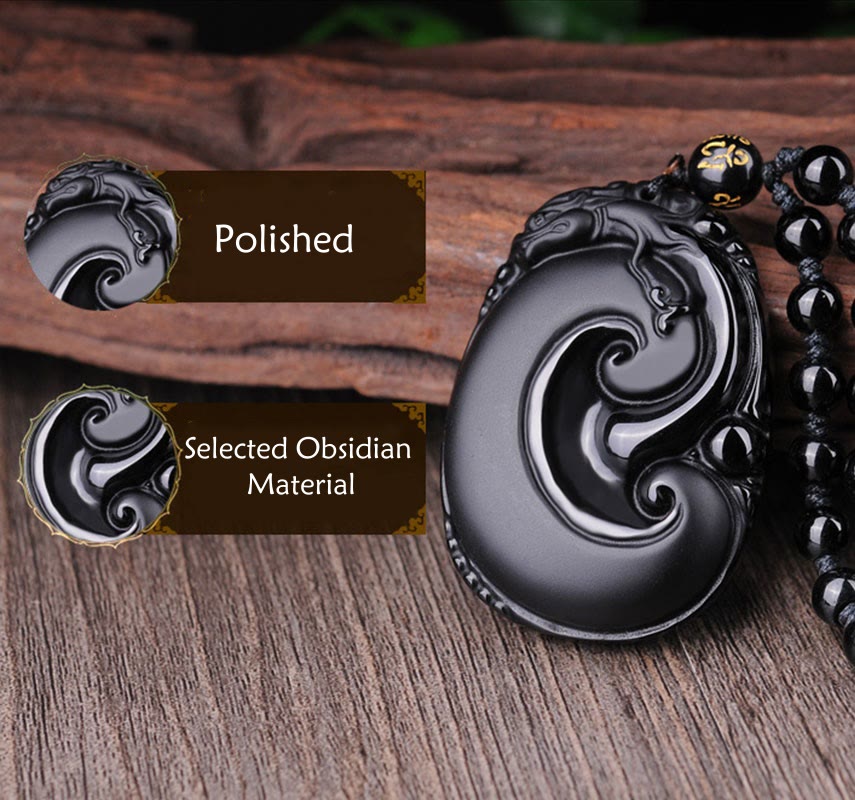 Collier pendentif en obsidienne noire naturelle PiXiu à motif ovale et pierre de Bouddha 