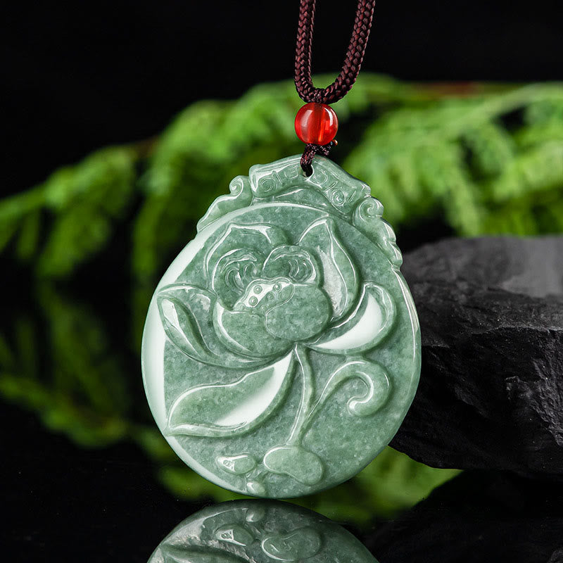 Collier pendentif en corde avec pierres de Bouddha rondes en jade à motif de lotus, abondance et prospérité