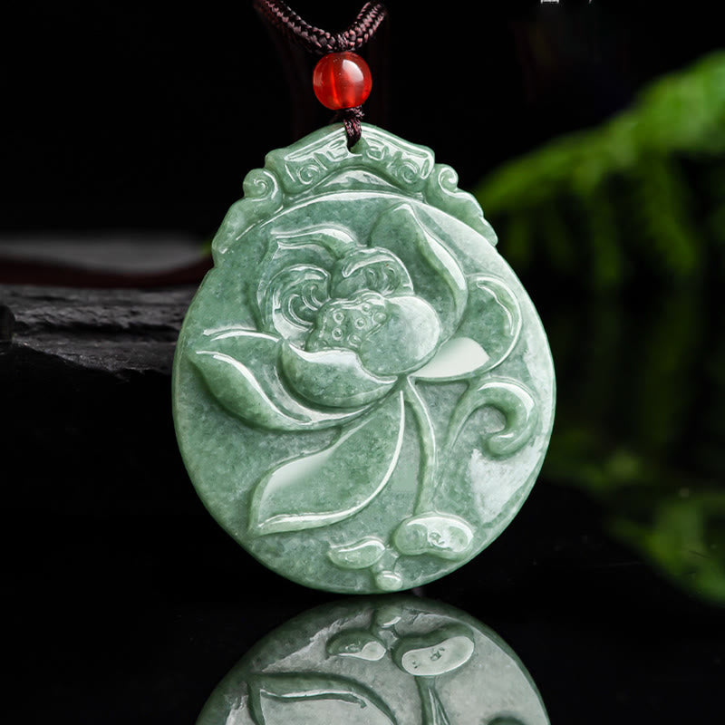 Collier pendentif en corde avec pierres de Bouddha rondes en jade à motif de lotus, abondance et prospérité