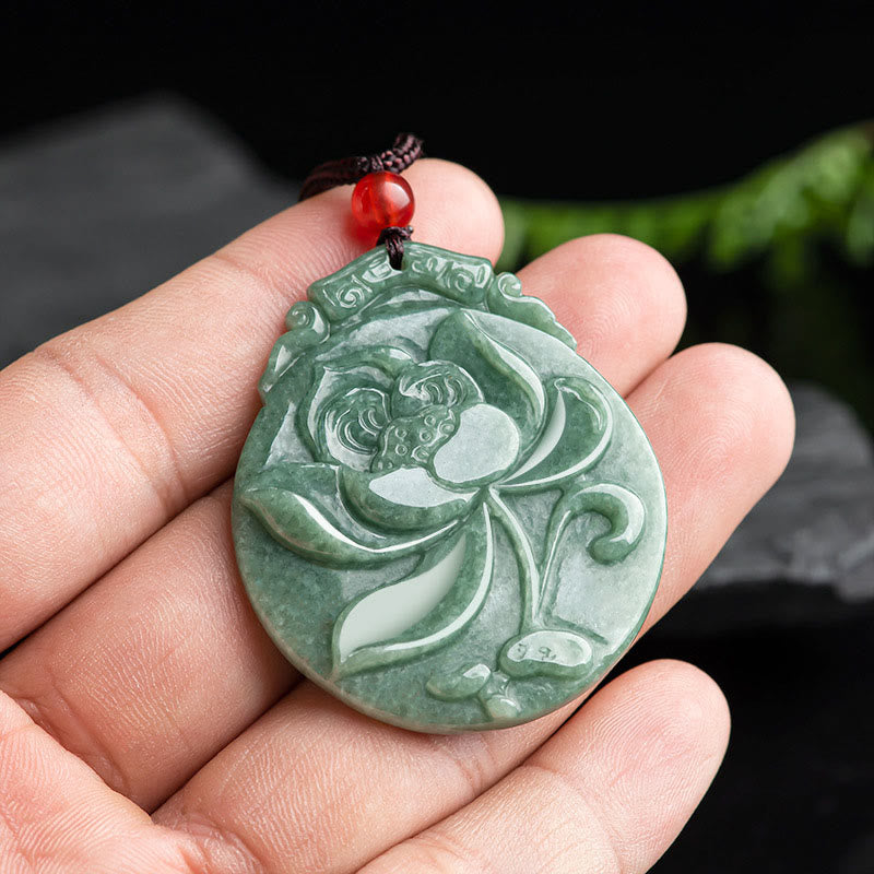 Buddha Stones Round Lotus Pattern Jade Abundance Prosperity Necklace Rope Pendant