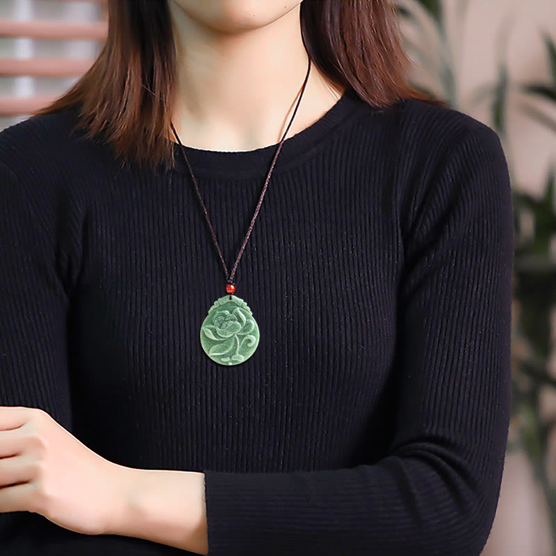 Collier pendentif en corde avec pierres de Bouddha rondes en jade à motif de lotus, abondance et prospérité