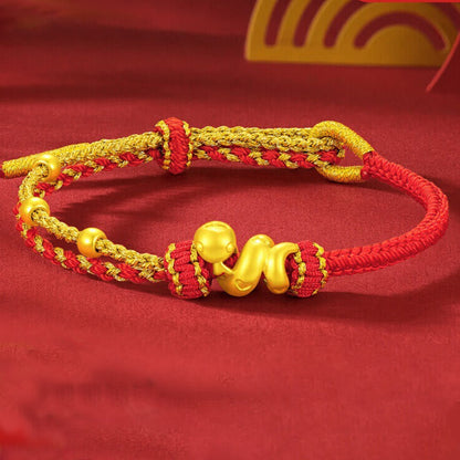 Bracelet porte-bonheur en perles d'or 999 de Bouddha, fil rouge, Année du Serpent