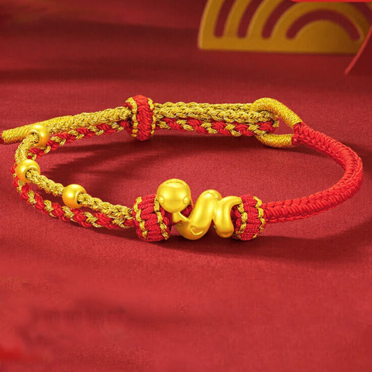 Bracelet porte-bonheur en perles d'or 999 de Bouddha, fil rouge, Année du Serpent