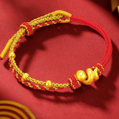 Bracelet porte-bonheur en perles d'or 999 de Bouddha, fil rouge, Année du Serpent