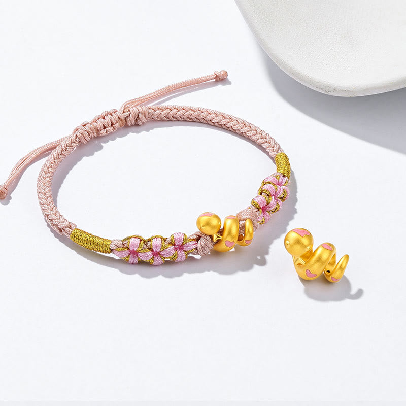 Bracelet porte-bonheur en corde rose émaillée avec perles en or 999 et pierres de Bouddha, Année du Serpent