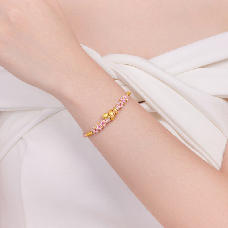 Bracelet porte-bonheur en corde rose émaillée avec perles en or 999 et pierres de Bouddha, Année du Serpent