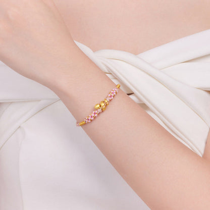 Bracelet porte-bonheur en corde rose émaillée avec perles en or 999 et pierres de Bouddha, Année du Serpent