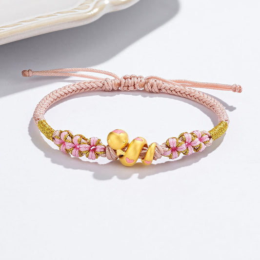 Bracelet porte-bonheur en corde rose émaillée avec perles en or 999 et pierres de Bouddha, Année du Serpent