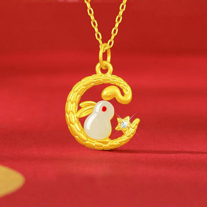 Collier pendentif porte-bonheur en or 999 avec serpent et lapin, année du serpent, pierres de Bouddha 