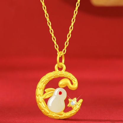 Collier pendentif porte-bonheur en or 999 avec serpent et lapin, année du serpent, pierres de Bouddha 