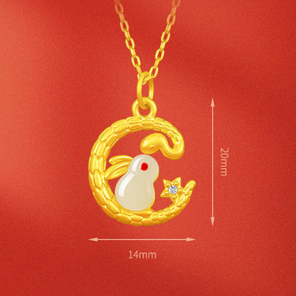 Collier pendentif porte-bonheur en or 999 avec serpent et lapin, année du serpent, pierres de Bouddha 