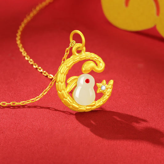 Collier pendentif porte-bonheur en or 999 avec serpent et lapin, année du serpent, pierres de Bouddha 