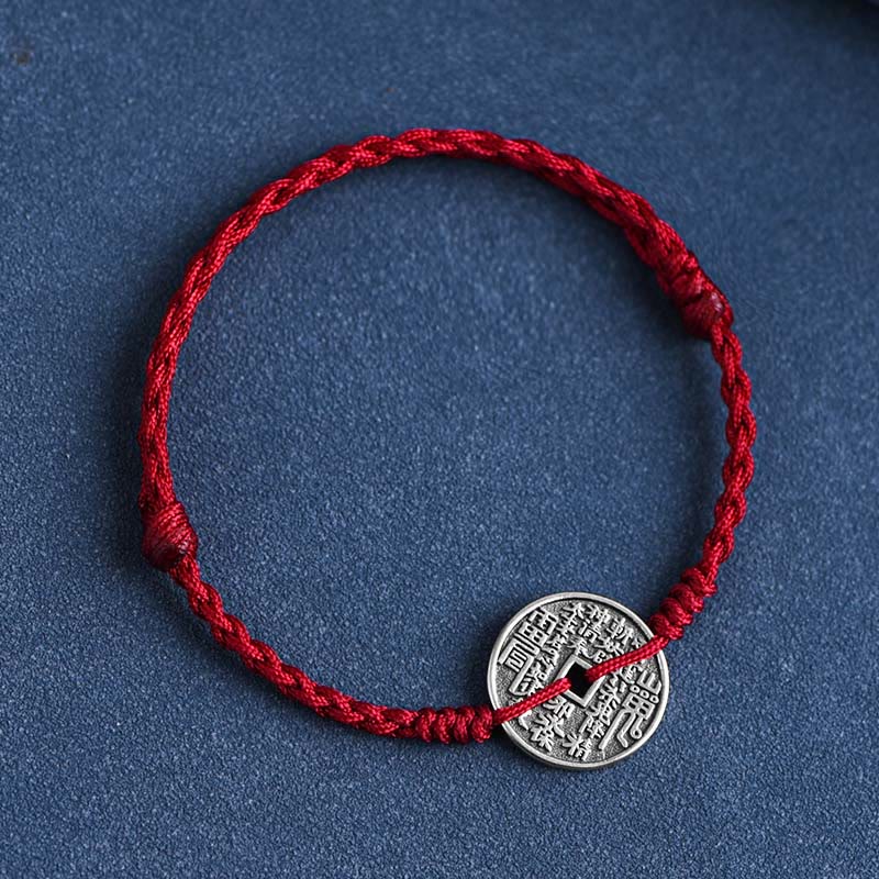 Buddha Stones 925 Sterling Silver Coin Protection Braided Bracelet Anklet