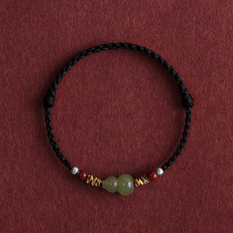 Buddha Stones Natural Hetian Jade Gourd Protection Luck Braided Bracelet Anklet