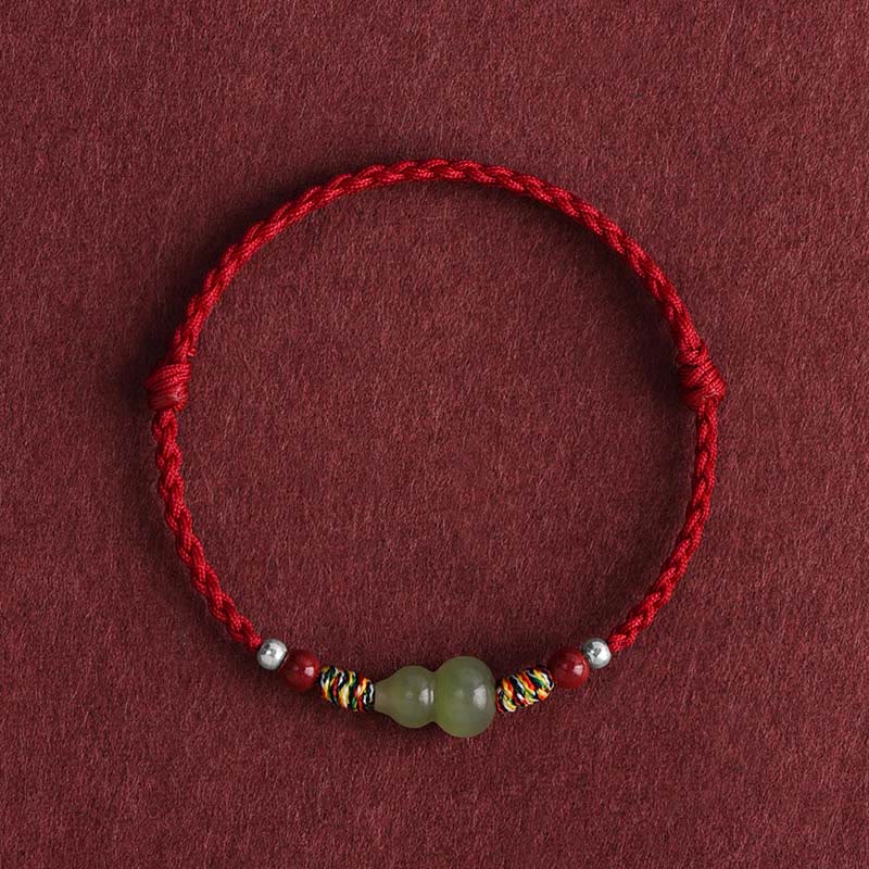 Buddha Stones Natural Hetian Jade Gourd Protection Luck Braided Bracelet Anklet