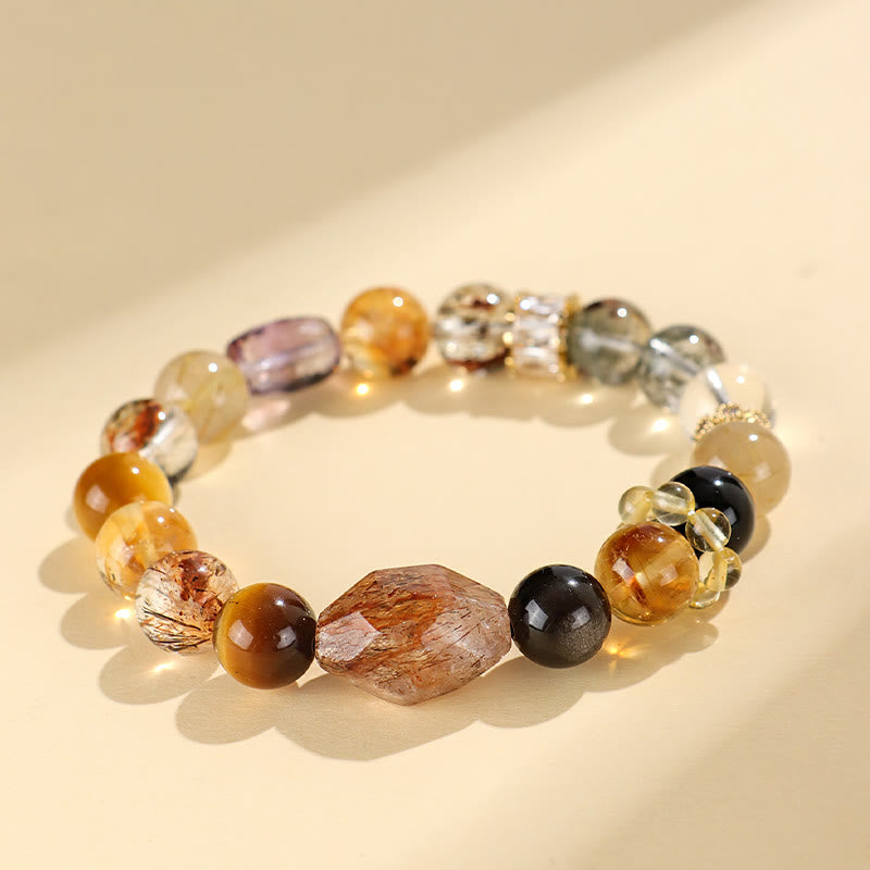 Buddha Stones Super Seven Crystal Topaz Obsidian Tiger Eye Positivity Bracelet