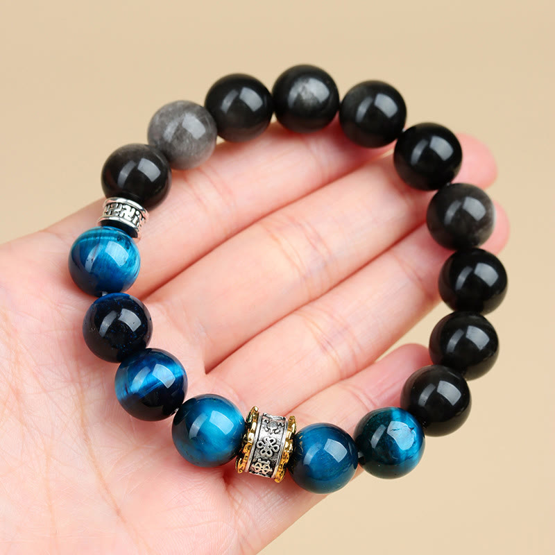 Buddha Stones Blue Tiger Eye Silver Sheen Obsidian Strength Bracelet