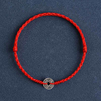 Bracelet de cheville tressé en argent sterling 925 avec cinq pièces impériales et pierres de Bouddha, cordon rouge, protection et chance