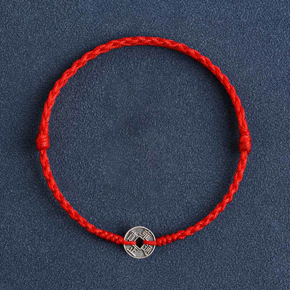 Bracelet de cheville tressé en argent sterling 925 avec cinq pièces impériales et pierres de Bouddha, cordon rouge, protection et chance