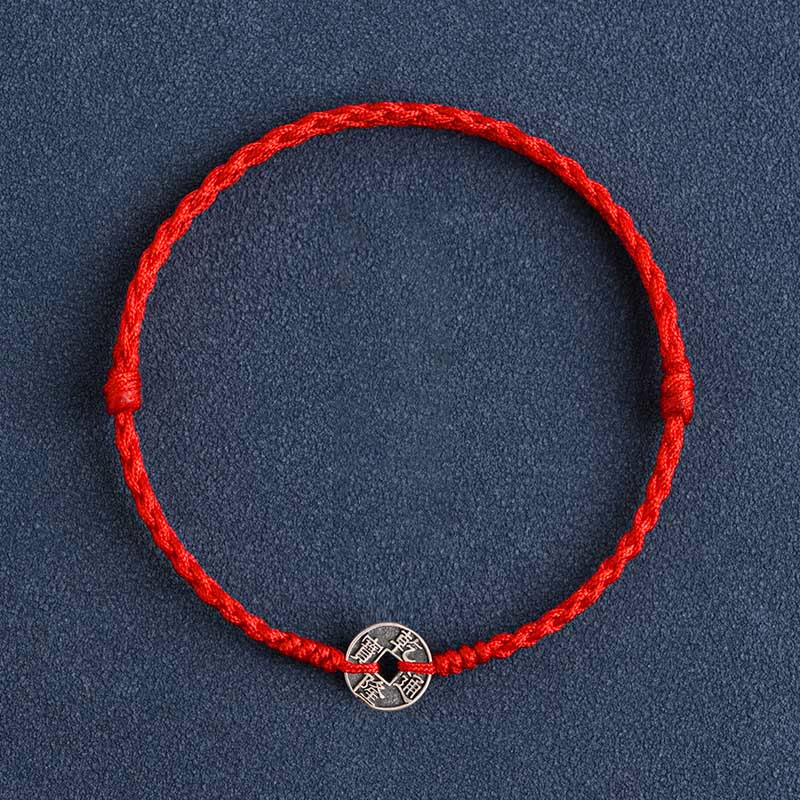 Buddha Stones 925 Sterling Silver Five Emperor Coins Red String Protection Luck Braided Bracelet Anklet