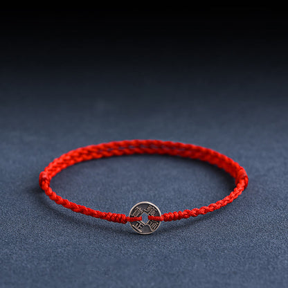 Bracelet de cheville tressé en argent sterling 925 avec cinq pièces impériales et pierres de Bouddha, cordon rouge, protection et chance