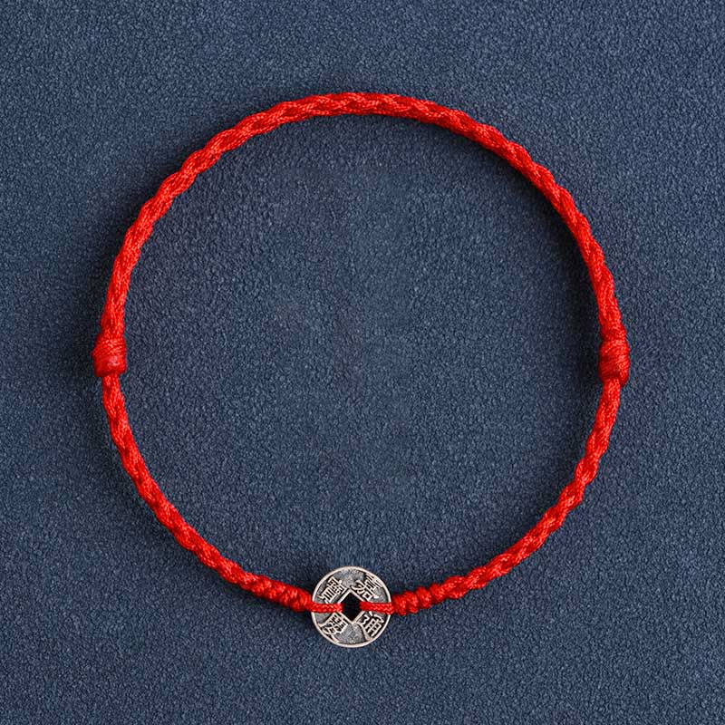 Bracelet de cheville tressé en argent sterling 925 avec cinq pièces impériales et pierres de Bouddha, cordon rouge, protection et chance