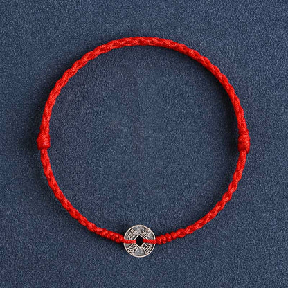 Bracelet de cheville tressé en argent sterling 925 avec cinq pièces impériales et pierres de Bouddha, cordon rouge, protection et chance