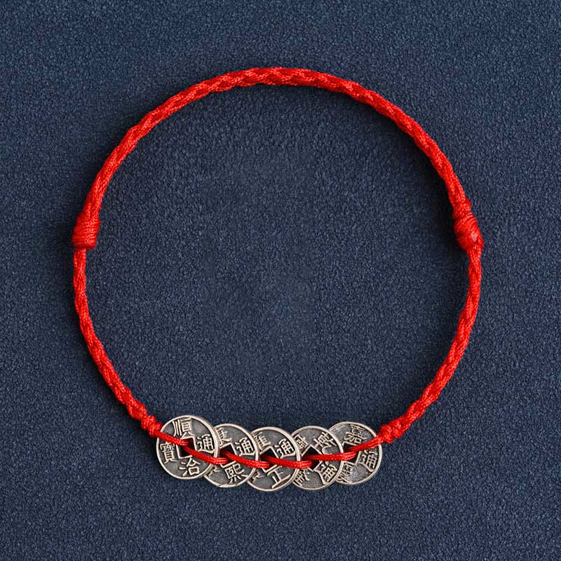 Bracelet de cheville tressé en argent sterling 925 avec cinq pièces impériales et pierres de Bouddha, cordon rouge, protection et chance