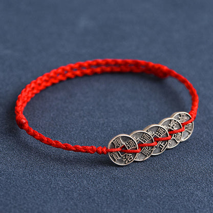 Bracelet de cheville tressé en argent sterling 925 avec cinq pièces impériales et pierres de Bouddha, cordon rouge, protection et chance