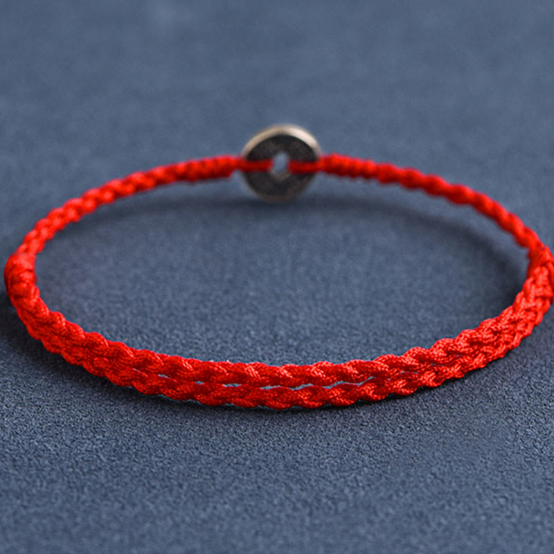 Buddha Stones 925 Sterling Silver Five Emperor Coins Red String Protection Luck Braided Bracelet Anklet