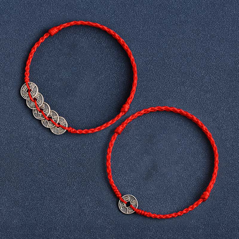 Bracelet de cheville tressé en argent sterling 925 avec cinq pièces impériales et pierres de Bouddha, cordon rouge, protection et chance