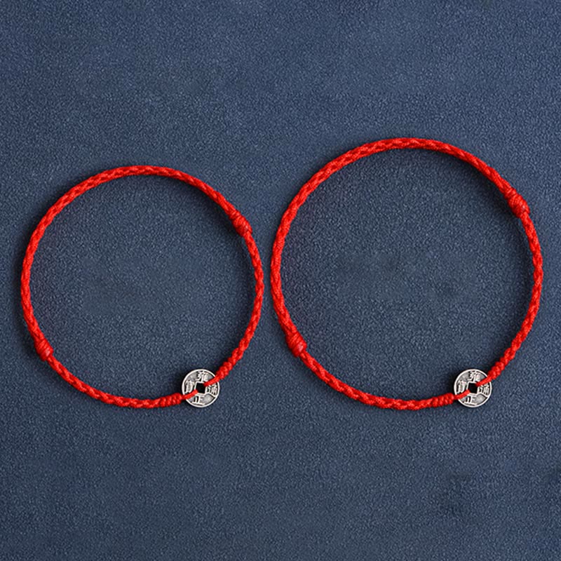 Bracelet de cheville tressé en argent sterling 925 avec cinq pièces impériales et pierres de Bouddha, cordon rouge, protection et chance