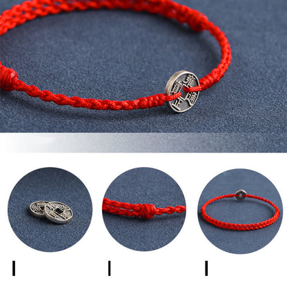 Bracelet de cheville tressé en argent sterling 925 avec cinq pièces impériales et pierres de Bouddha, cordon rouge, protection et chance