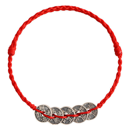 Bracelet de cheville tressé en argent sterling 925 avec cinq pièces impériales et pierres de Bouddha, cordon rouge, protection et chance