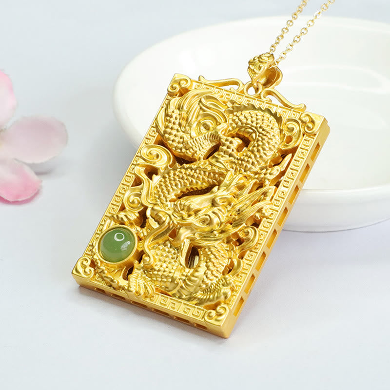 Buddha Stones Dragon Gold Plated Copper Hetian Jade Strength Necklace Pendant