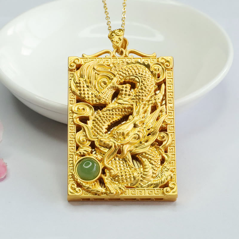 Buddha Stones Dragon Gold Plated Copper Hetian Jade Strength Necklace Pendant