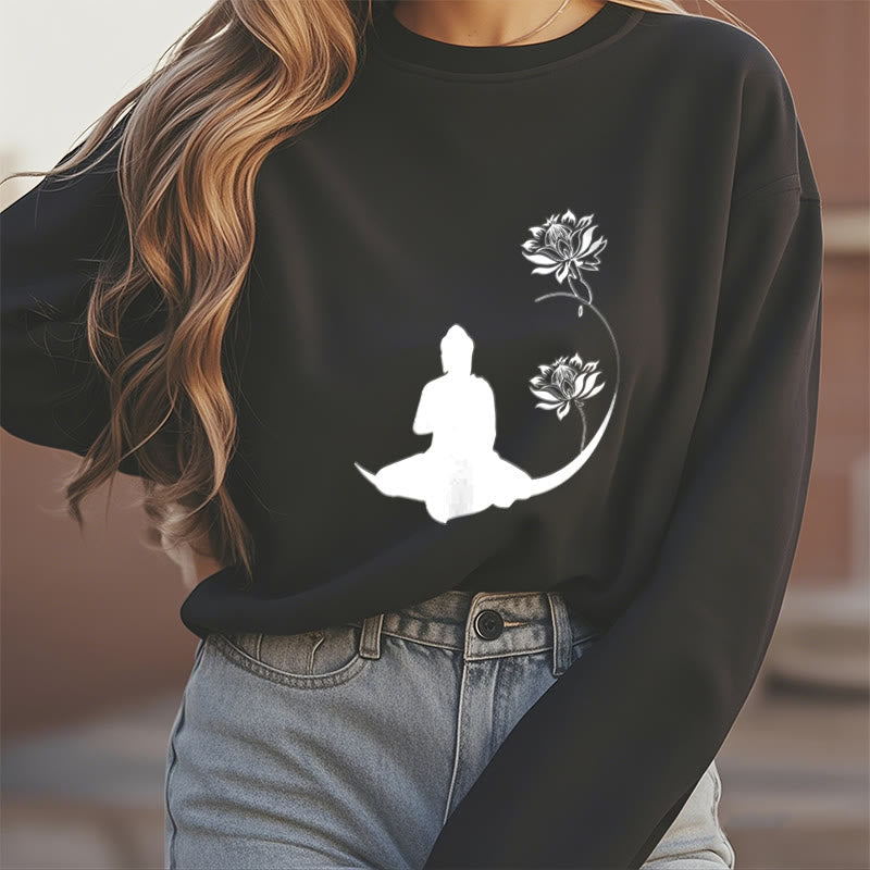 Buddha Stones Buddha Sitting With Lotus Flowers Pattern Fleece Lined Sweatshirt