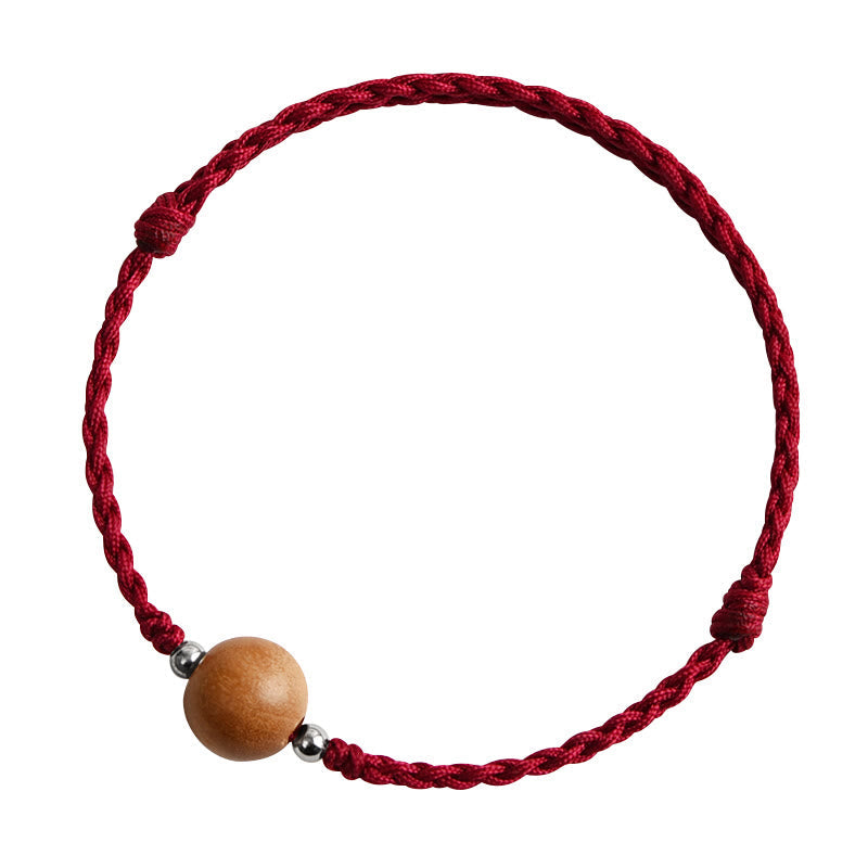 Buddha Stones Natural Peach Wood Bead Luck Braided Bracelet Anklet