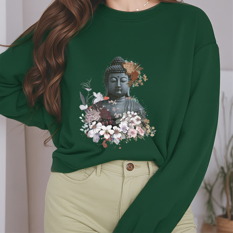 Buddha Stones Colorful Flowers Surrounding Buddha Fleece Lined Sweatshirt