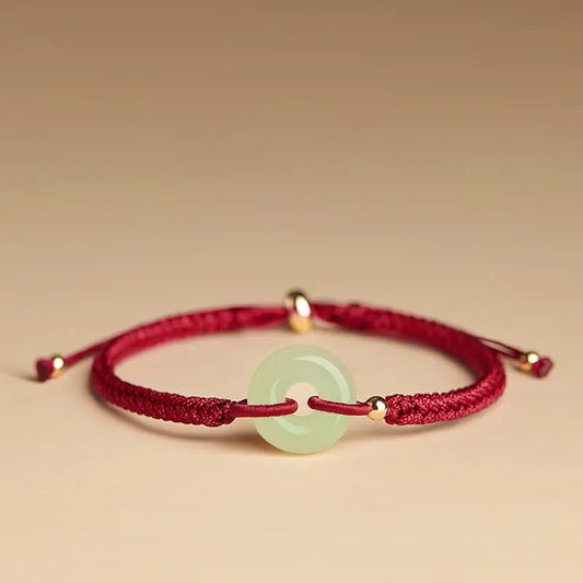 Buddha Stones Natural Hetian Jade Peace Buckle Fu Character Protection Luck Braided Bracelet BS