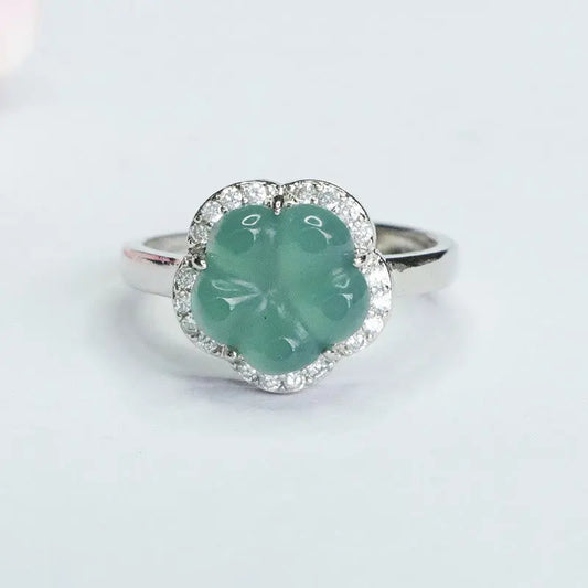Buddha Stones Jade Alloy Flower Ring BS