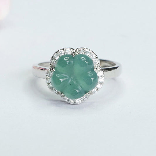 Bague fleur en alliage de jade et pierres de Bouddha 