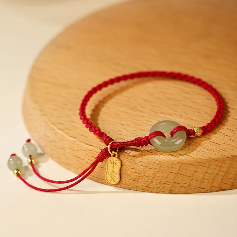 Buddha Stones Natural Hetian Jade Peace Buckle Red String Luck Braided Bracelet