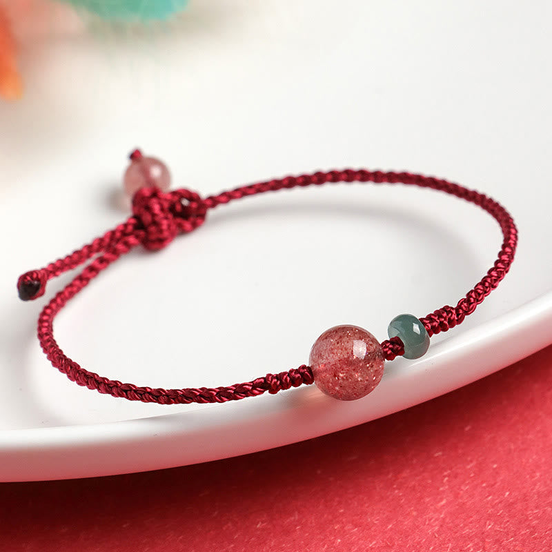 Buddha Stones Natural Strawberry Quartz Jade White Agate Red String Luck Bracelet