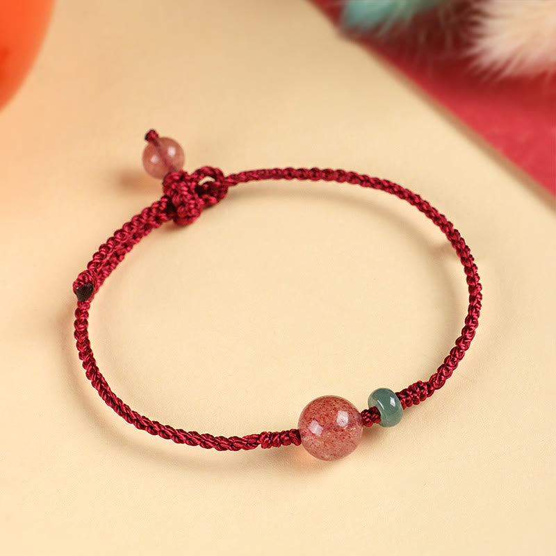 Bracelet porte-bonheur en pierres naturelles de Bouddha, quartz fraise, jade, agate blanche, fil rouge