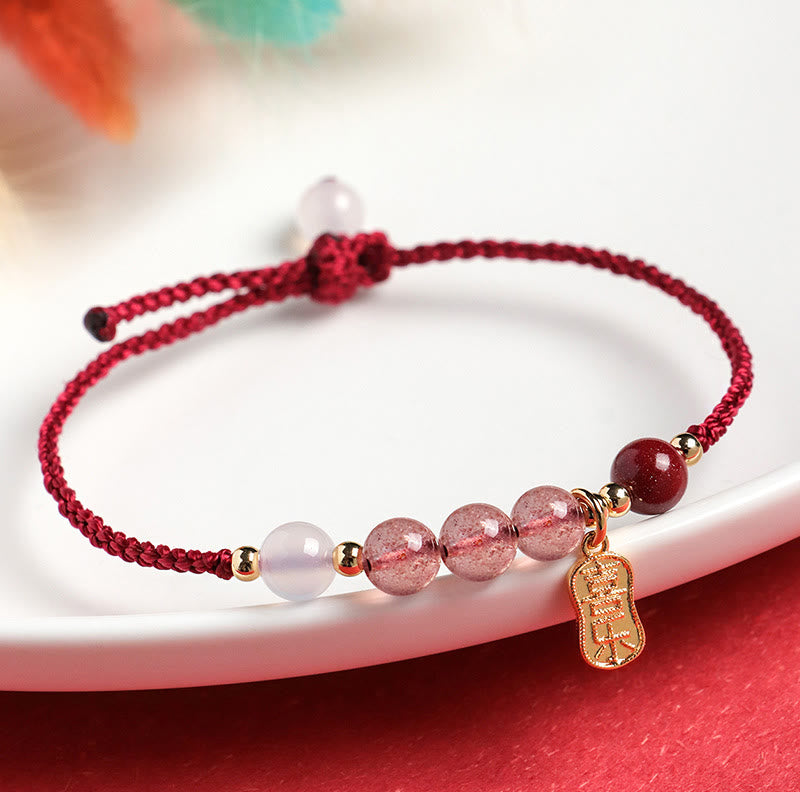 Bracelet porte-bonheur en pierres naturelles de Bouddha, quartz fraise, jade, agate blanche, fil rouge