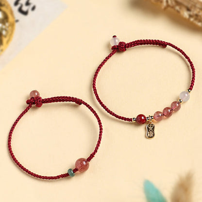 Bracelet porte-bonheur en pierres naturelles de Bouddha, quartz fraise, jade, agate blanche, fil rouge