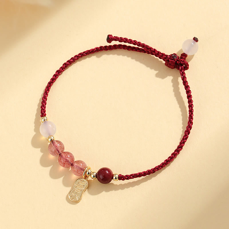Bracelet porte-bonheur en pierres naturelles de Bouddha, quartz fraise, jade, agate blanche, fil rouge