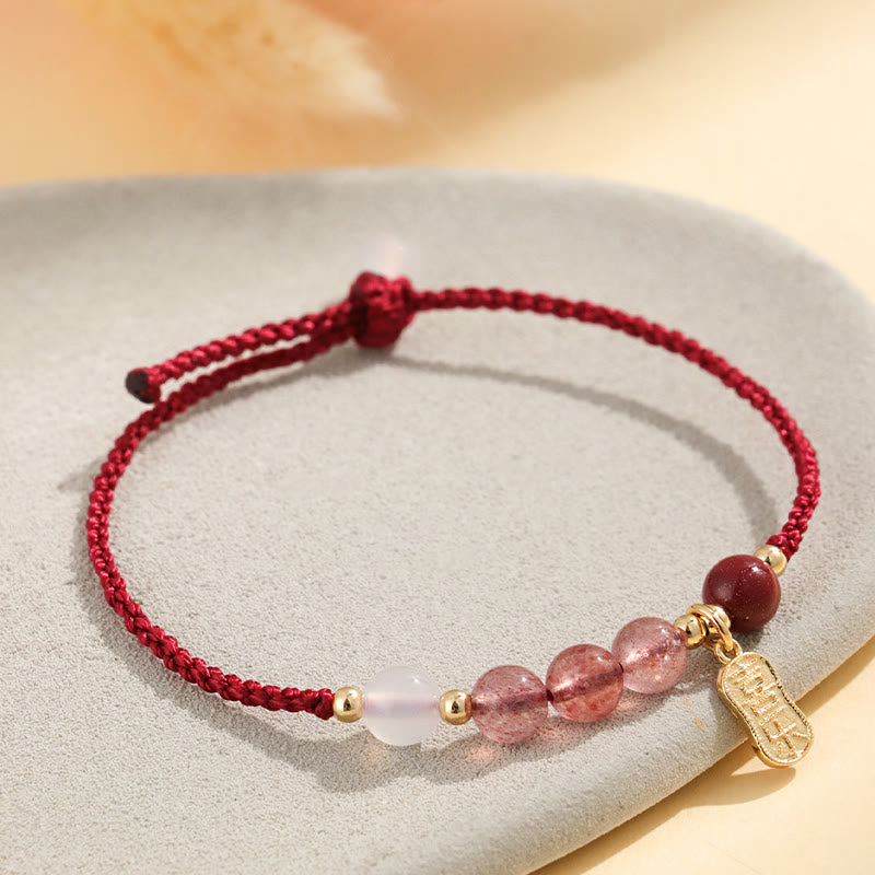 Buddha Stones Natural Strawberry Quartz Jade White Agate Red String Luck Bracelet